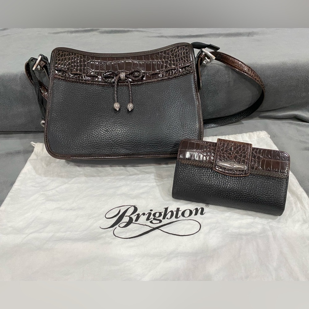 Vintage Brighton Pebbled Leather Purse With Wallet - Black W/Brown Croc Trim